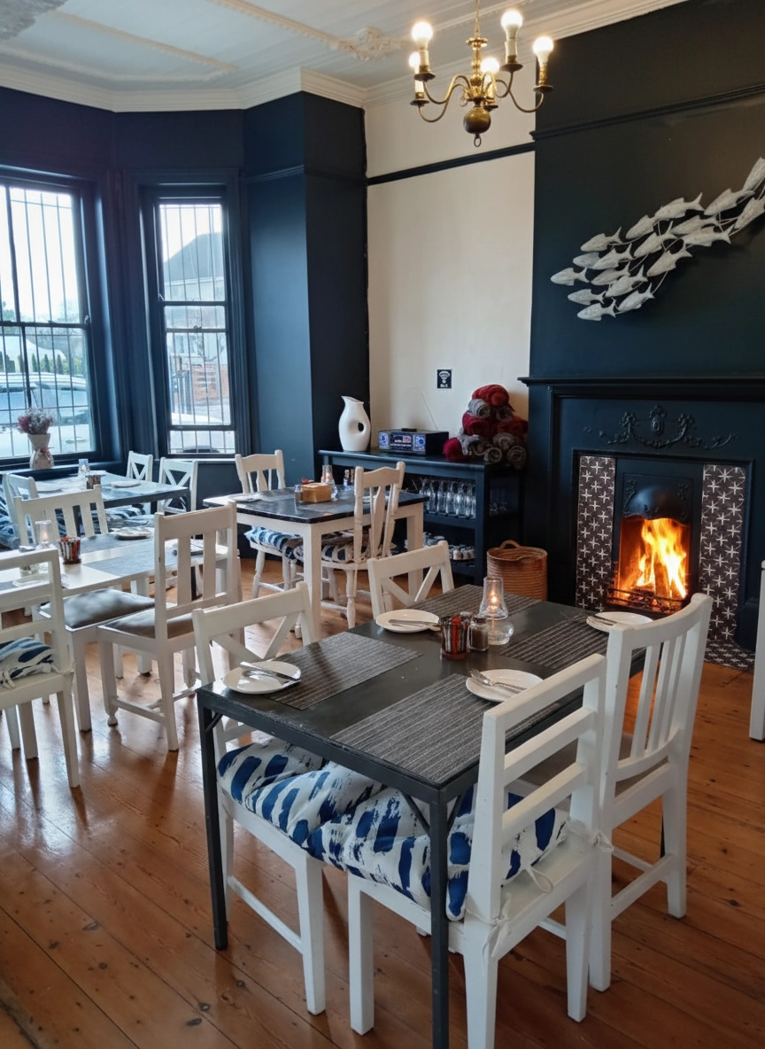 The Family Village Café interior with historic fireplace